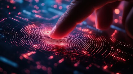Finger touching a glowing digital interface with a fingerprint scanner effect.
