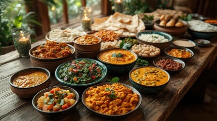 Fototapeta premium aromatic indian feast spread across a rustic wooden table vibrant curries and colorful chutneys in earthenware bowls soft candlelight illuminating the scene