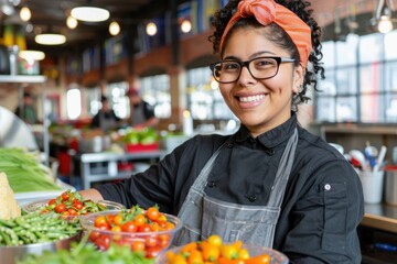 Fototapeta premium Smiling Latina chef preparing fresh vegetables in a modern kitchen.
