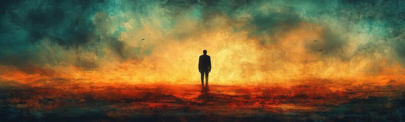 Obraz premium Painting of a person standing alone in a field with a sky background, travel concept, banner, copy space