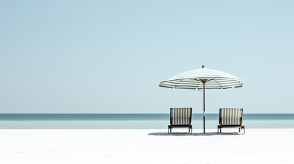 Obraz premium Minimalist image of a striped beach umbrella with two lounge chairs on white sand, against a plain background. -