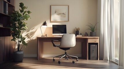 Chic home office with a sleek desk, an ergonomic chair, and a minimalistic desk lamp.