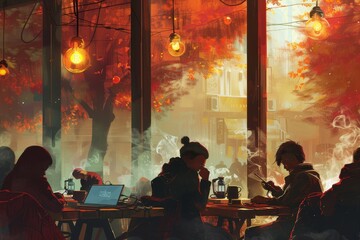 group of people sitting at table in cafe, cozy cafe scene depicts patrons sipping coffee while tapping away on their laptops, lost in their digital worlds