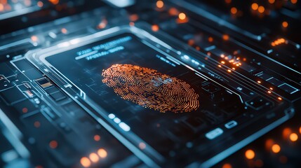  Digital fingerprint scan on a high-tech interface with glowing elements.