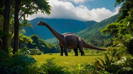 A majestic Diplodocus dinosaur stands tall in the lush greenery of the Jurassic Park, its vibrant colors and playful demeanor adding a touch of whimsy to the prehistoric landscape.