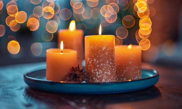 Three burning candles in a blue tray on a wooden table with bokeh lights in the background