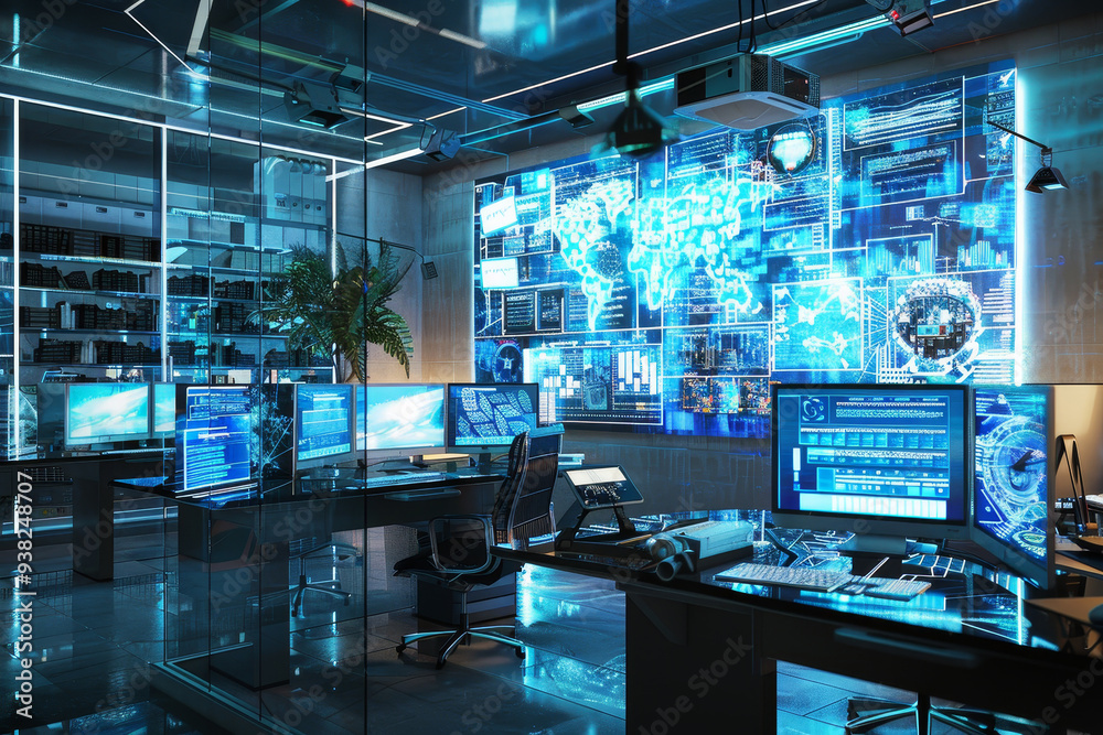 Poster room with desk, computer, and window, cyberpunk office space with virtual desktops and augmented rea