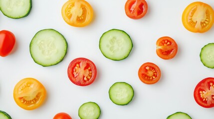 Minimalistic display of sliced cucumber, cherry tomatoes, and bell peppers on a clean, white backdrop.