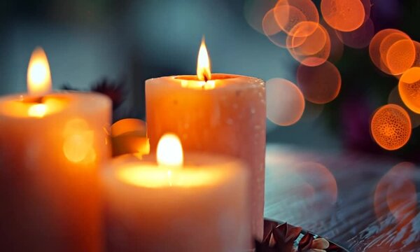 Three burning candles on a plate with decorative elements, with bokeh lights in the background