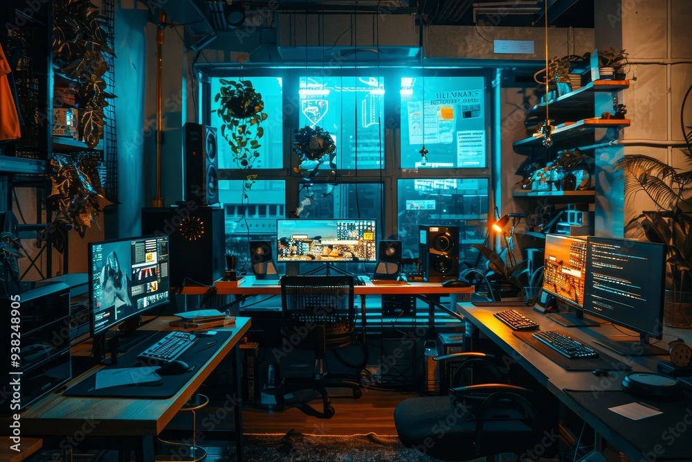Poster room with desk, computer, and window, cyberpunk office space with virtual desktops and augmented rea