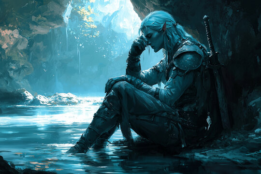 contemplative elf warrior resting by serene water in a secluded cave