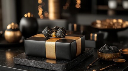 Custom black and gold gifts, such as monogrammed items or engraved keepsakes, offering a touch of elegance and personalization.