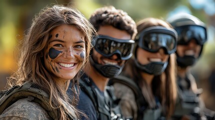 Friends and family enjoying a day of paintball fun, laughing and strategizing as they take part in an exhilarating group activity at a local paintball park.