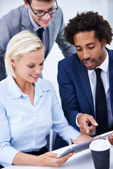 Fototapeta premium Happy group, business people and discussion on tablet for planning, research and meeting. Diversity, tech and team in cooperation with insurance agent for policy update, project or training in office