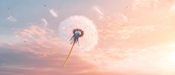 Naklejka premium Dandelion seeds floating in the sky at sunset.