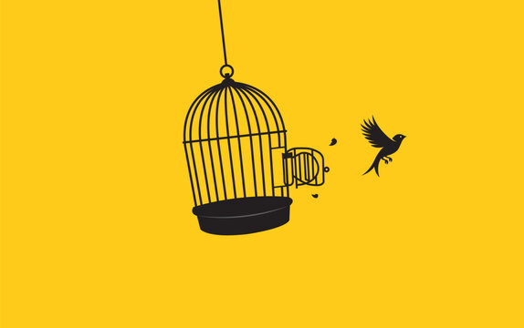 illustration of little bird flying out of open birdcage, surreal freedom motivational concept.