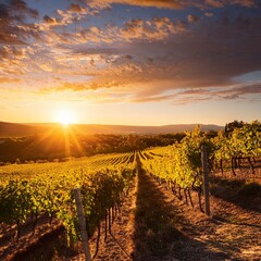 Fototapeta premium Stunning Sunset Over Picturesque Vineyard with Grapevines and Warm Golden Light