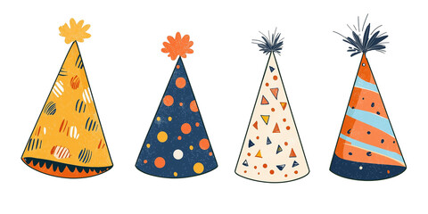 Colorful cartoon party hats with festive patterns, including polka dots, stripes, and geometric shapes, on PNG cutout transparent background.