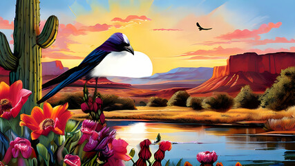 create an illustration depicting a vibrant scene in the American west