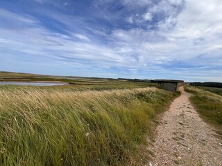 Landscape view of beautiful nature reserve pathway shore by bird watching hide wildlife lakes marsh land by ocean in Cley Next the Sea Norfolk East Anglia uk reeds grass by water lake on Summer day 