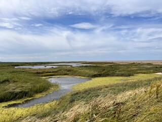 Landscape view of beautiful nature reserve for bird watching wildlife lakes in marsh land by ocean in Cley Next the Sea Norfolk East Anglia uk reeds grass by water lake on Summer day blue cloud skies