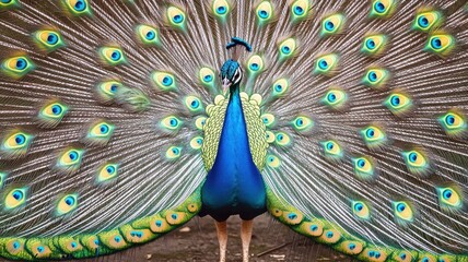 Obraz premium A vibrant peacock displaying its stunning plumage featuring an array of colorful eye patterns in full bloom.