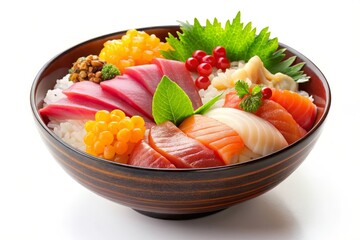 Delicious Japanese Sashimi Donburi Bowl with Fresh Seafood and Rice - A visually appealing and appetizing bowl of Japanese Sashimi Donburi featuring fresh raw fish, rice, red berries, and leafy greens