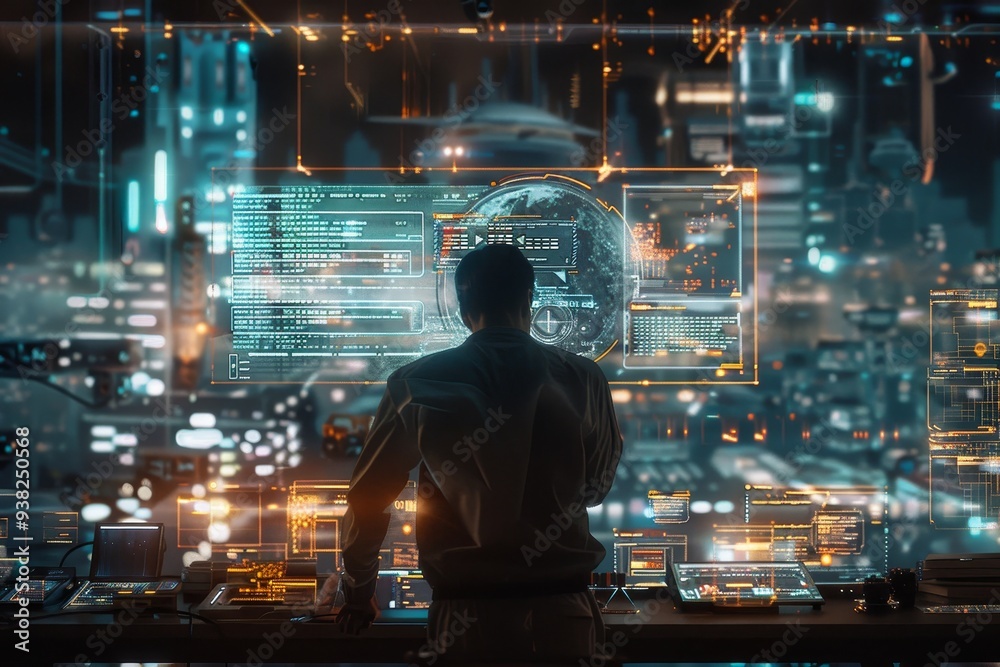 Poster man standing in front of window with cityscape in the background, digital interface evolves beyond its programming