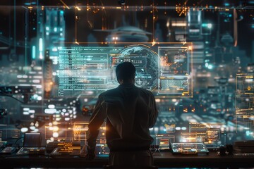 man standing in front of window with cityscape in the background, digital interface evolves beyond its programming