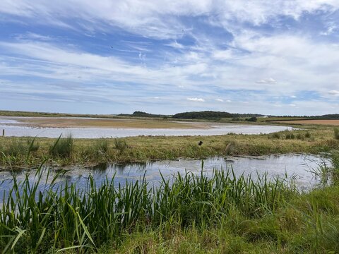 Landscape view of beautiful nature reserve for bird watching wildlife lakes in marsh land by ocean in Cley Next the Sea Norfolk East Anglia uk reeds grass in foreground on Summer day blue cloud skies
