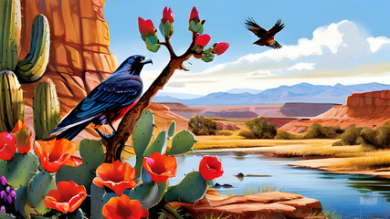 create an illustration depicting a vibrant scene in the American west
