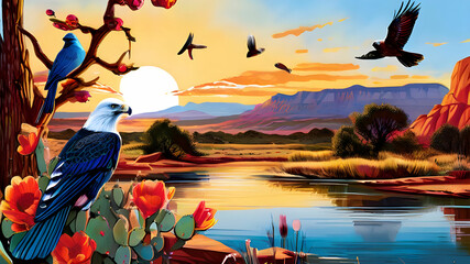 create an illustration depicting a vibrant scene in the American west