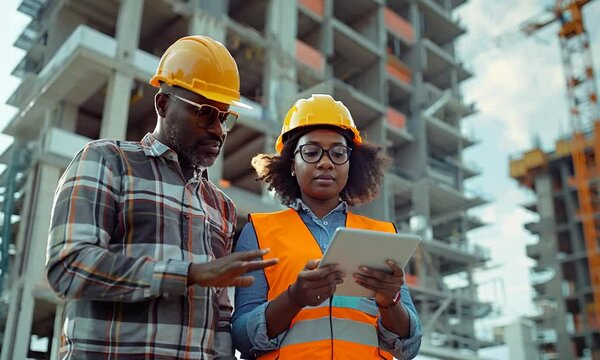 Two construction workers wearing hardhats and safety vests stand in front of a building under construction