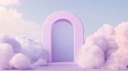 3D render of a soft cloud set against a light purple background, with a cyan arch door adding a minimalist touch.