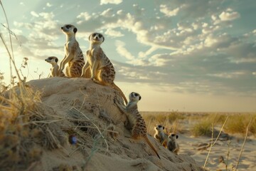 two meerkats sitting on rock in the desert, family of meerkats stands sentry atop sandy mound, their vigilant eyes scanning the horizon for signs of danger