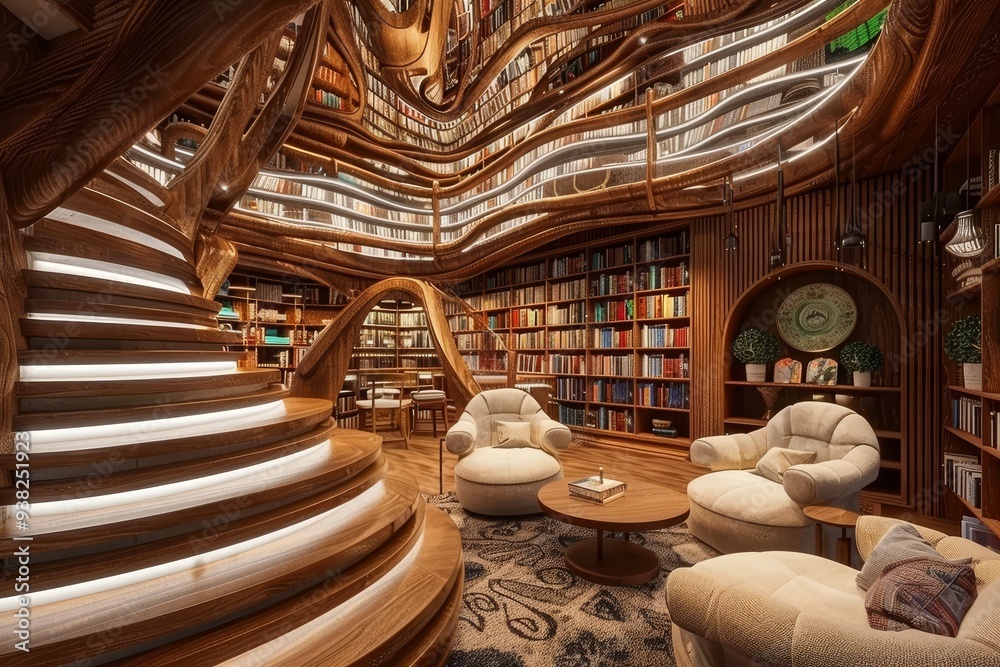 Aufkleber room with circular window and book shelf, fantastical library with animated bookshelves and customizable reading nooks
