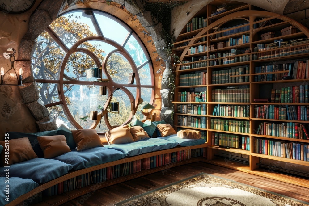 Aufkleber room with circular window and book shelf, fantastical library with animated bookshelves and customizable reading nooks