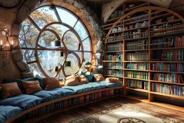 room with circular window and book shelf, fantastical library with animated bookshelves and customizable reading nooks