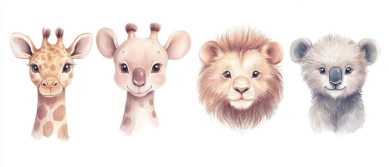 Obraz premium Four animal faces with giraffe on left, lion in middle, bear on right