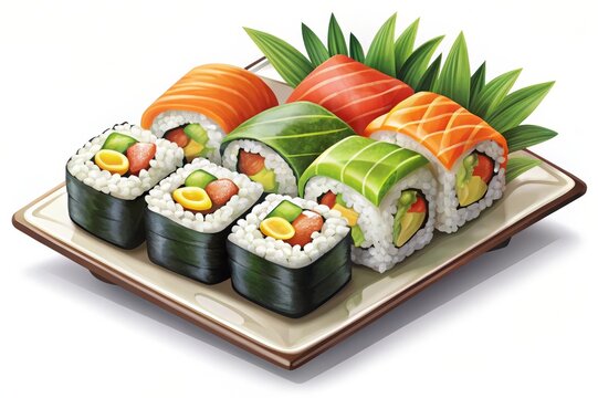 Delicious Sushi Rolls on a Plate - A plate of assorted sushi rolls, showcasing the vibrant colors and textures of this popular Japanese cuisine. The rolls feature fresh ingredients like salmon, avocad