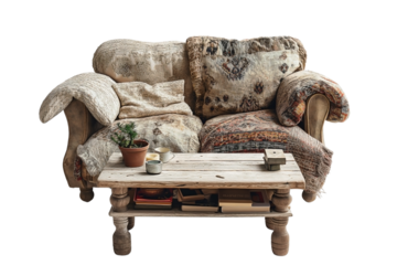 a Boho style cozy armchair and coffee table set against a Transparent background