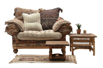 a Boho style cozy armchair and coffee table set against a Transparent background