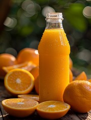 Colorful bottles of fruit juices surrounded by fresh produce on pastel background