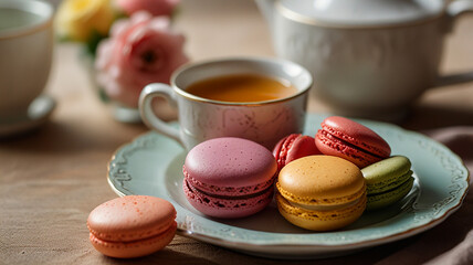  A Close-up Of Colorful French Macarons Arranged Neatly On A Delicate Plate, With A Cup Of Tea Beside Them, Food Image