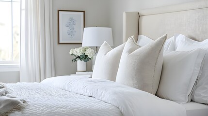 Elegant bedroom with a neatly made bed, white linens, and a stylish headboard.