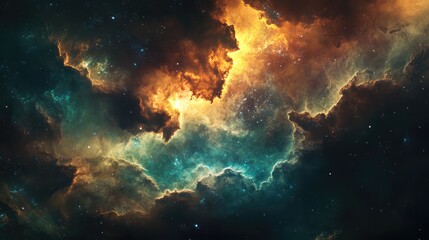 Fototapeta premium Abstract galactic textures featuring a mix of nebulous clouds and bright celestial formations in a dark, dramatic setting.