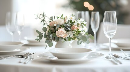 Dining table set with white plates, silver cutlery, and a centerpiece of a small bouquet of flowers.