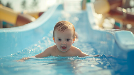 portrait of baby on waterslide at summer waterpark