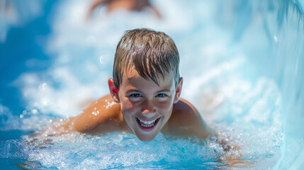 portrait of boy on waterslide at summer waterpark