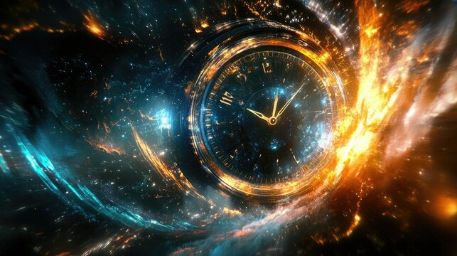 A futuristic clock ticking in space, surrounded by abstract waves of time and light.